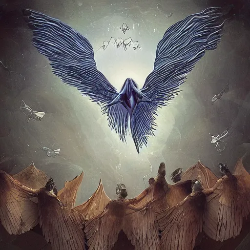 Image similar to A beautiful experimental art of a winged creature, possibly an angel, flying high above a group of people in a dark, wooded area. The creature's wings are spread wide and its head is turned upwards, as if it is looking towards the sky. The people below are looking up at the creature with a mixture of awe and fear. Cinnabon by Robby Cavanaugh minimalist, lively