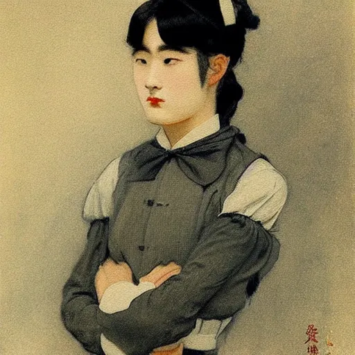 Prompt: painting of grumpy handsome beautiful man in his 2 0 s named min - jun in a french female maid outfit, modern clothing, elegant, clear, painting, stylized, delicate facial features, stylized thin lines, soft but grumpy, highly detailed, art, art by egon alphonse yamamoto