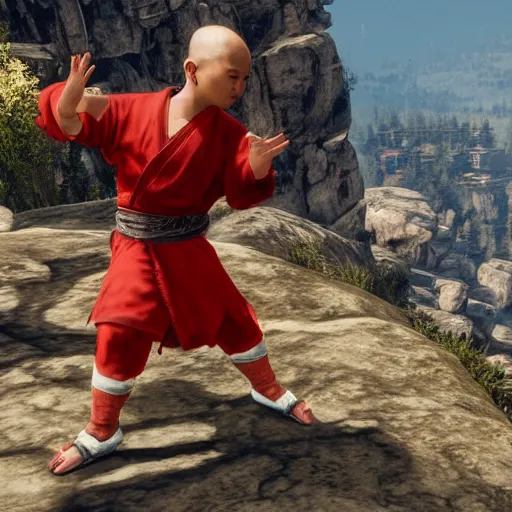 Image similar to Baby shaolin monk practicing kung fu on a mountain top, RDR 2 mod