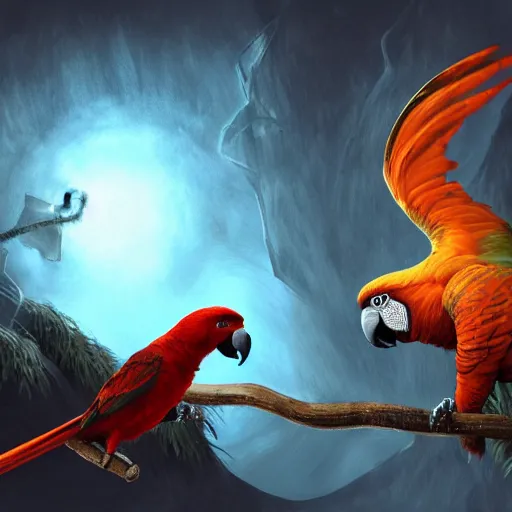 Prompt: Myiopsitta monachus parrot fights against medieval knight. Magic, orange lighting, flux. High fantasy, digital painting, HD, 4k, detailed.