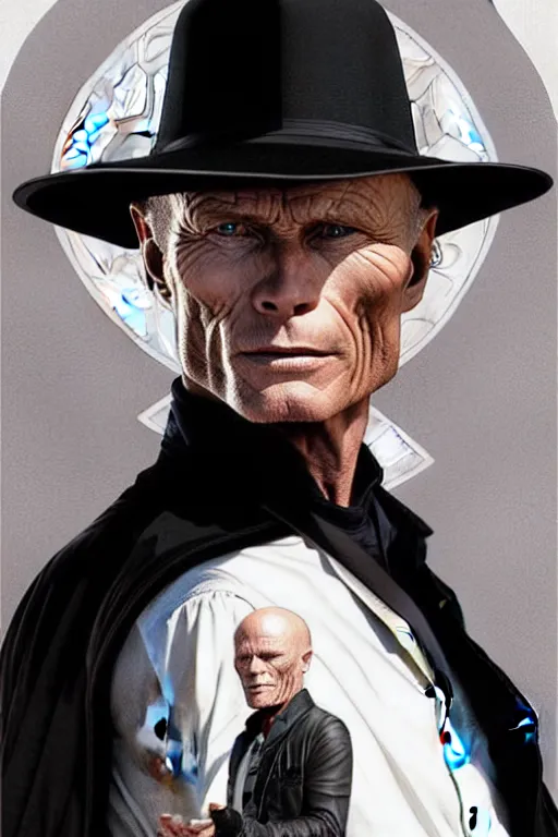 Image similar to ed harris as the man in black, westworld, wearing an all white outfit in the style of art by artgerm and greg rutkowski and alphonse mucha