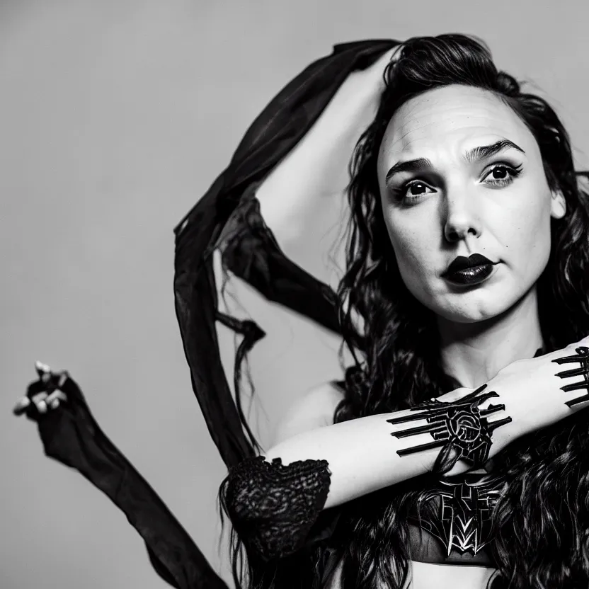 Image similar to gal gadot as a goth girl, canon 3 5 mm portrait photography