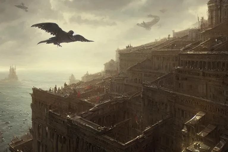 Image similar to people FLYING ON BIRDS, over the ocean, towards a GIGANTIC wall, protecting the city from black mist, cinematic, greg rutkowski, detailed, intricate