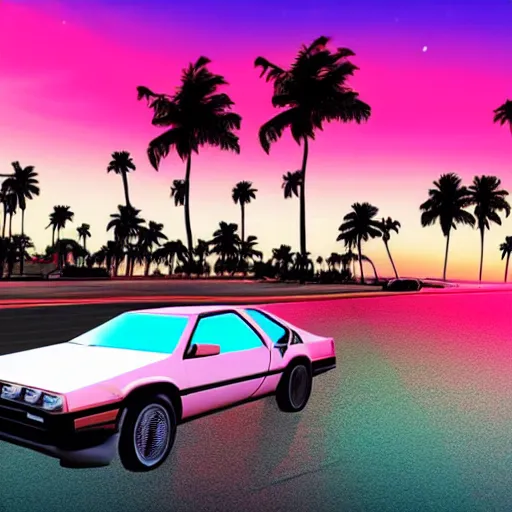 Image similar to miami beach sunset vapor wave palm trees 80s synth retrowave delorean decal car wide shot epic post apocalyptic landscape miami nuke fire craters end of the world