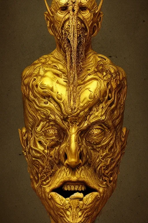 Image similar to portrait of a surreal ancient god, made by liquid gold melting, floating in the sky, insanely detailed, trending on artstation, golden ratio, concept art by Emil Melmoth