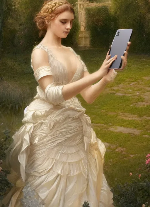 Image similar to upper body portrait of a beautiful maiden in an expensive victorian dress holding taking a selfie in a royal garden, award winning, masterpiece digital painting by greg rutkowski, alex grey, artstation, 4 k wallpaper,