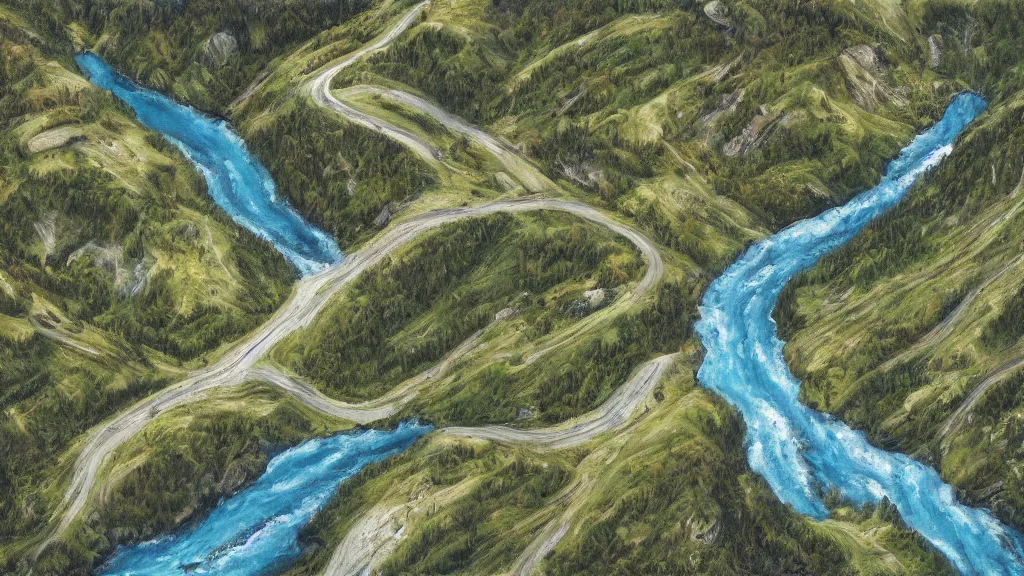 Prompt: High-Quality realist painting of a river crossing a valley in the Alps, isometric aerial view, peaceful, very detailed, digital art.