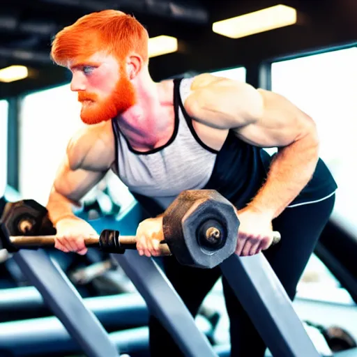 Prompt: 8 k insanely detailed high quality selfie photo of a thin ginger handsome gym bro doing tricep curls at the gym, beautiful sexy handsome symmetrical face