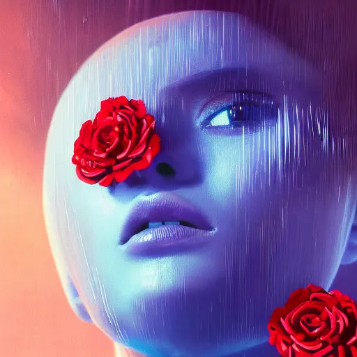 Prompt: 3 d, sci - fi, close - up, screaming fashion model face, sun, cinematic, clouds, sun rays, vogue cover style, poster art, blue mood, realistic painting, intricate oil painting, high detail illustration, small red roses, figurative art, multiple exposure, poster art, by tooth wu and wlop and beeple and greg rutkowski