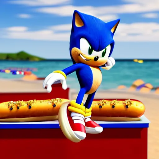 Prompt: overweight sonic the hedgehog standing outside of a hotdog stand holding a hotdog, on the beach scene, ultra - realistic digital art, detailed textures and lighting, detailed character with intricate face, sonic the hedgehog