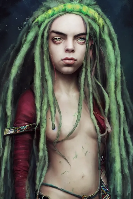 Image similar to billie eilish as a stunningly beautiful Rastafarian Elf woman by WLOP, greg rutkowski and ross tran