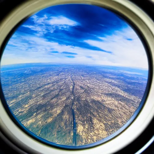 Prompt: view into a car window from an airplane, extreme perspective, forshortening, special effects ultra zoom