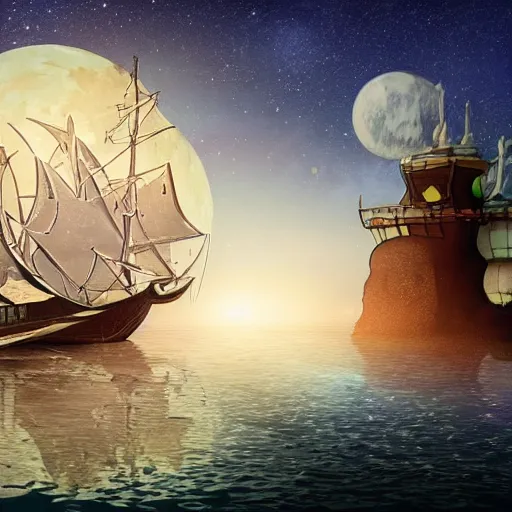 Image similar to fantasy world inside a ship sailing amongst the star