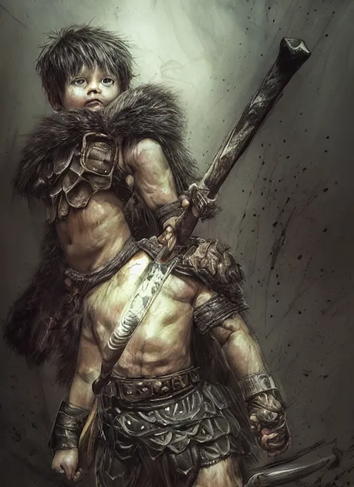 Prompt: portrait, A toddler barbarian, watercolor, dramatic lighting, cinematic, establishing shot, extremely high detail, foto realistic, cinematic lighting, pen and ink, intricate line drawings, by Yoshitaka Amano, Ruan Jia, Kentaro Miura, Artgerm, post processed, concept art, artstation, matte painting, style by eddie mendoza, raphael lacoste, alex ross