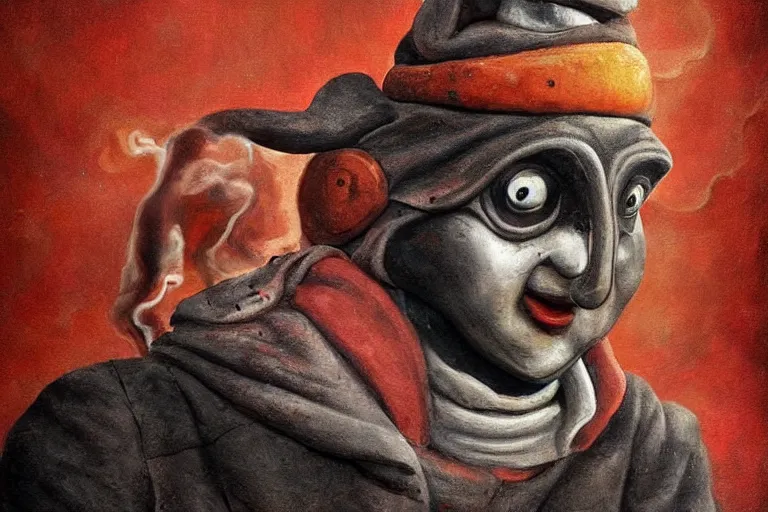 Image similar to a highly detailed pulcinella!!! from naples, pizza!!!, volcano, black sky, smoke, fire lava, post - apocalyptic vibe, full body, wide angle, an ultrafine detailed painting by rivorio mok, trending on deviantart, whimsical, lowbrow, perfect symmetrical face, sharp focus, octane, masterpiece