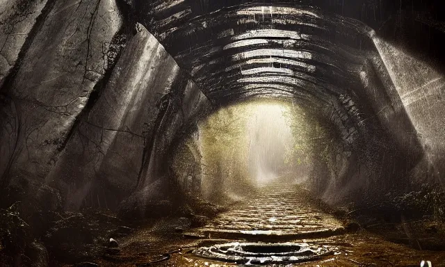 Image similar to beautiful photograph of a vertical tunnel made of raindrops, between a dried up river and the sun, highly-detailed, fantastic, dramatic lighting, artstation, 4k