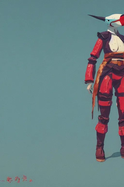 Image similar to female adventurer in tight full - body teal leather armor of japanese design with red accents and a white porcelain crow mask, trending in artstation, japanese, by simon stalenhag, establishing shot