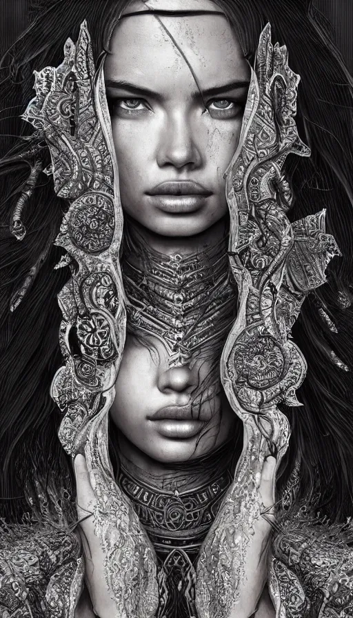 Image similar to girl adriana lima, mongolian shaman clothing, ritual, fame of thrones, fibonacci, sweat drops, intricate fashion clothing, insane, intricate, highly detailed, surrealistic, digital painting, artstation, concept art, smooth, sharp focus, illustration, unreal engine 5, 8 k, art by artgerm and greg rutkowski and alphonse mucha