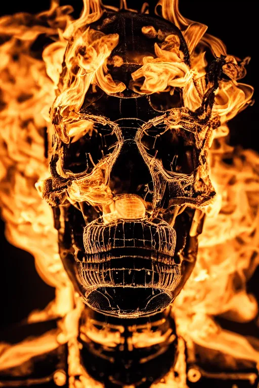 Prompt: detailed matte portrait of a t 8 0 0 endoskeleton shrouded in smoke and burning embers, intricate, elaborate, specular, chrome, reflection, chromatic aberration