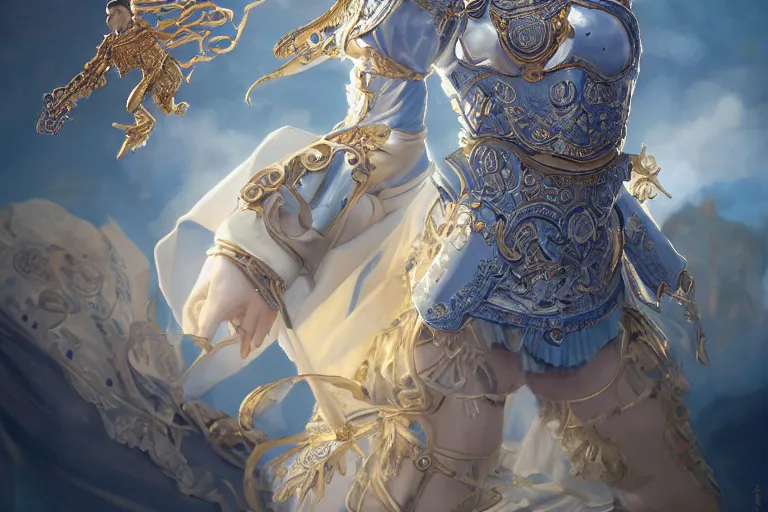 Image similar to portrait knights of Zodiac girl, Chinese Blue and white porcelain reflected armor, kung fu fighting in ruined Agora of Athens sunrise, ssci-fi, fantasy, intricate, very very beautiful, elegant, golden light, highly detailed, digital painting, artstation, concept art, smooth, sharp focus, illustration, art by tian zi and WLOP and alphonse mucha