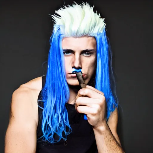 Image similar to a skinny white male singer with blue hair smoking a cigarette, tired eyes