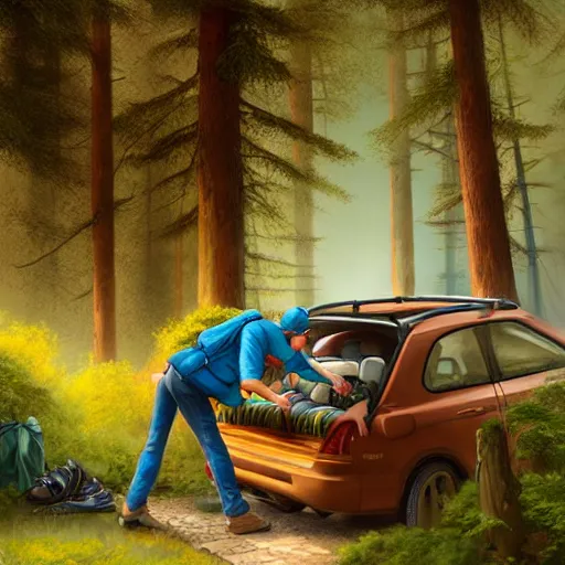 Image similar to etienne hebinger ilustration hiker unloading the car before camping, characterized by roman shipunov, cgsociety, cynical realism, fantasy art, 2 d game art