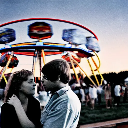 Image similar to nostalgic 8 0 s nikon photo of a young couple waiting in line by a ferris wheel, sunset, small town carnival in the midwest