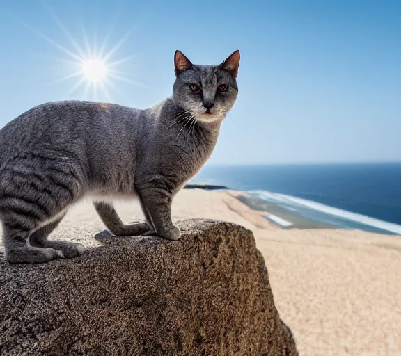 Image similar to a slender grey cat standing on a cliff overlooking a beach. hyper realistic and anamorphic 2 0 1 0 s movie still of giovanni falcone, by paolo sorrentino, leica sl 2 3 0 mm, beautiful color, high quality, high textured, lens flare, refined face and muzzle.