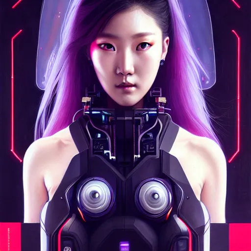 Image similar to portrait painting of cyberpunk hyejin from loona as a drone operator, ultra realistic, concept art, intricate details, eerie, highly detailed, photorealistic, octane render, 8 k, unreal engine. art by artgerm and greg rutkowski and magali villeneuve and alphonse mucha