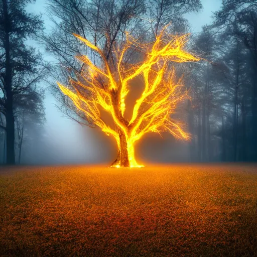 Image similar to a flaming oak tree in an open field with fog, horror, ultrarealism, 8k