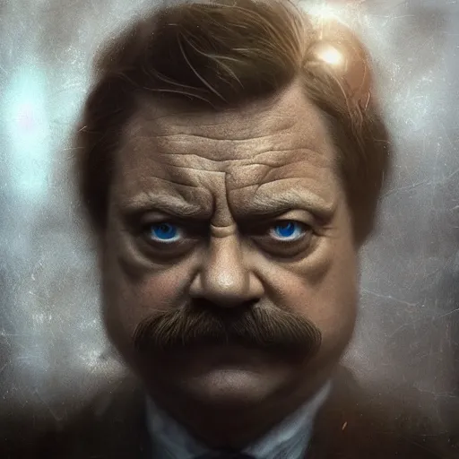 Prompt: Very very very very highly detailed epic central composition photo of Ron Swanson face, intricate, dystopian, sci-fi, extremely detailed, digital painting, smooth, sharp focus, illustration, intimidating lighting, incredible art by Brooke Shaden, artstation, concept art, Octane render in Maya and Houdini