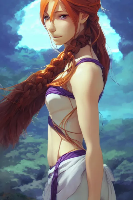 Image similar to long ginger hair, tanned woman in a prehistoric outfit, green eyes, by artgerm, hair tied in a ponytail, white backdrop, soft lighting, blue and purple colors, by greg rutkowski makoto shinkai takashi takeuchi