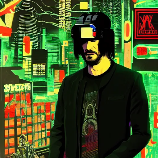 Prompt: Illustrated by Shepard Fairey and H.R. Geiger | Cyberpunk Keanu Reevse with VR helmet, surrounded by cables