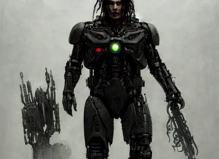 Image similar to johnny depp as victor stone, full body concept, cyborg, borg, strogg, face of a man, terminator, flesh, quake strogg, doom demon, wolfenstein, monstrous, powerful, symmetry, symmetrical, concept art by ruan jia and greg rutkowski