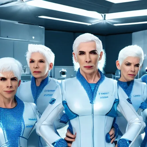 Image similar to troop of annie lennox women with white hair, white hair, tight light blue neopren suits, futuristic production facility, sci - fi, highly detailed, cinematic