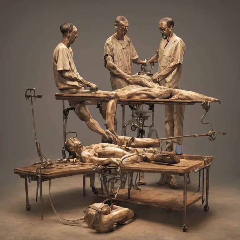 Prompt: hyperrealistic sculpture of a fossilized bronze chinese prisoner on an operating table in a cage on a pedestal, surrounded by surgeons, by duane hanson and lee bontecou and giacometti, patina, hyperrealistic dramatic colored lighting trending on artstation 8 k