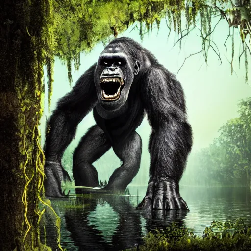 Prompt: A photograph of a giant monster lurking in the swamp, crocodile, mangrove swamp, murky water, vines, gorilla, trending on artstation