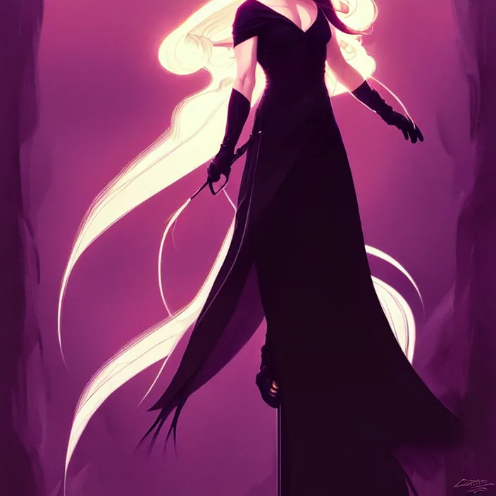 Image similar to style artgerm, joshua middleton, dean cornwell, beautiful kristen bell with black dress, very long white hair, symmetrical face, symmetrical eyes, purple fire powers fire swirling, detailed, forest setting, cinematic lighting