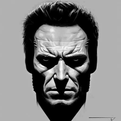 Image similar to symmetrical, close-up, portrait of Clint Eastwood as The Punisher, art by greg rutkowski, matte painting, trending on artstation