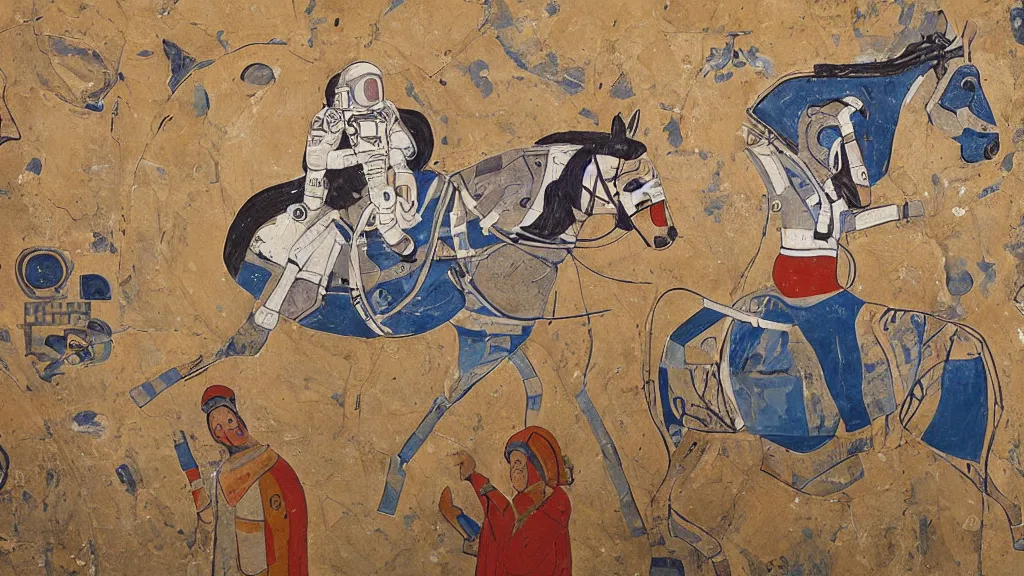 Prompt: an astronaut holds a horse, a horse is a ball, a horse riding an astronaut, decorative minoan mural