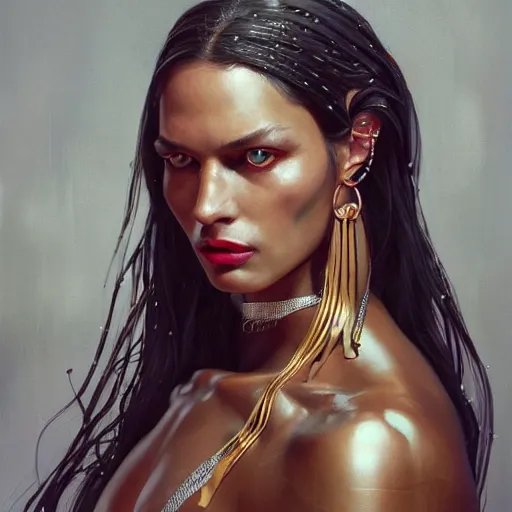 Image similar to detailed oil portrait of tall muscular shining bronze - skinned warrior woman with silver eyes, with long wavy flowing black hair and big gold earrings, jewelry, red lipstick, makeup, feminine, volumetric lighting, dynamic composition, art by sachin teng and sergey kolesov and ruan jia and heng z, scifi, concept art