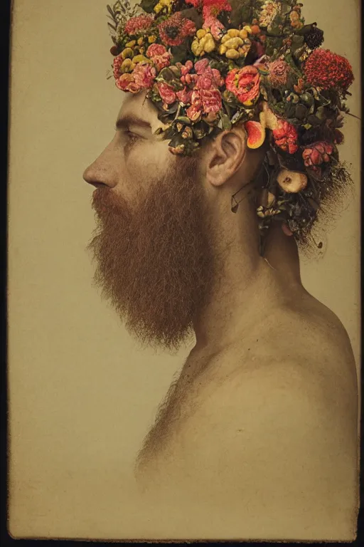 Image similar to a man's face in profile, long beard, made of flowers and fruit, in the style of the Dutch masters and Gregory crewdson, dark and moody, melancholy