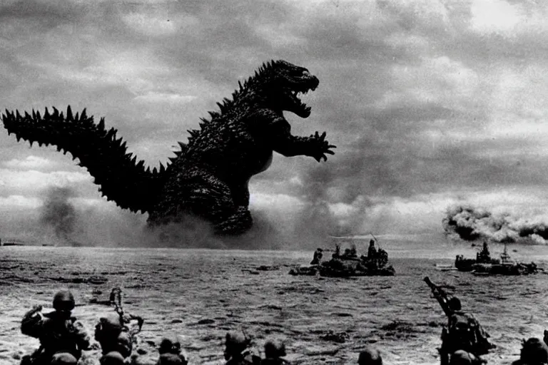 Image similar to film still godzilla! storming the beach of normandy in saving private ryan