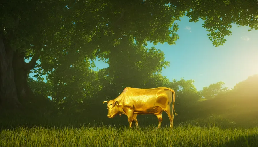 Image similar to golden cow in a green field, sunny day, reflections, wood, volumetric light, hyperdetailed, artstation, cgsociety, 8 k