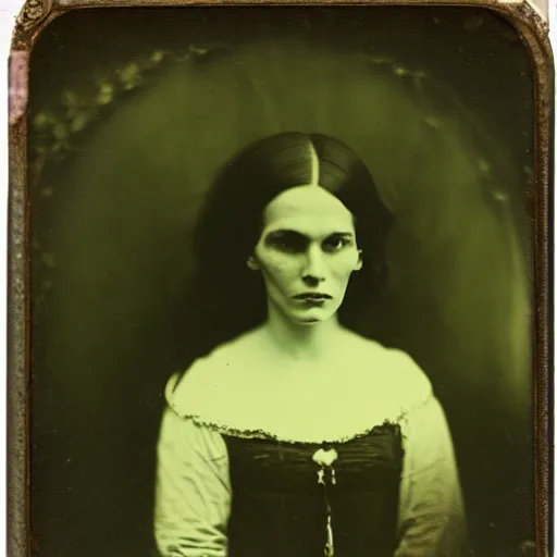 Image similar to daugerreotype of cthulhu high priestess. ambrotype of occult priestess. tintype of a beautiful woman