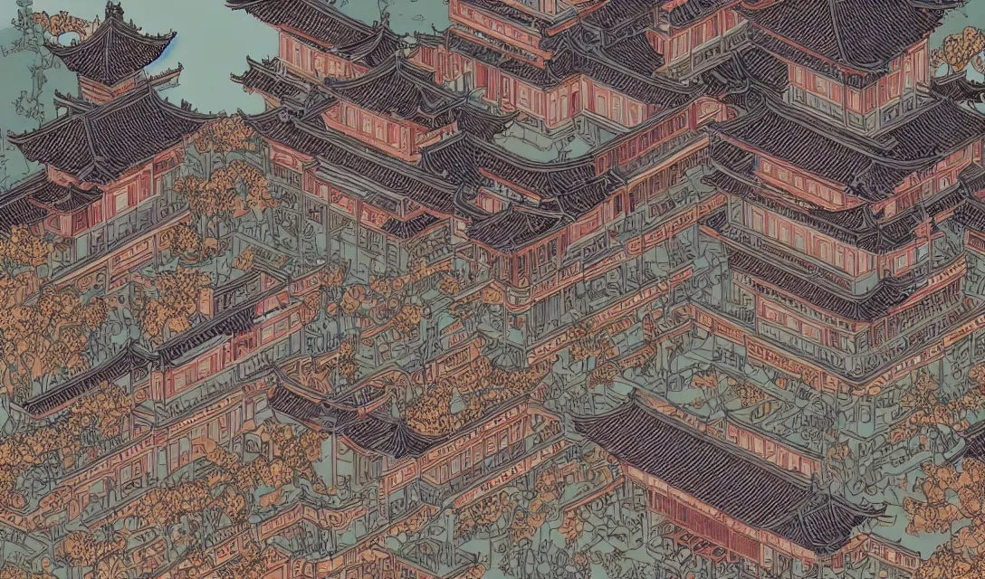 Prompt: symmetry!! a gorgeous chinese palace, illustration, art by laurie greasley, victo ngai and hiroshi yoshida.