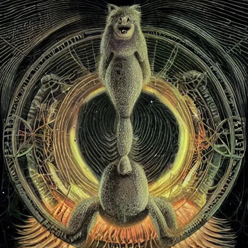 Prompt: furry freaky creature sings a unique canto about'as above so below'being ignited by the spirit of haeckel and robert fludd, breakthrough is iminent, glory be to the magic within