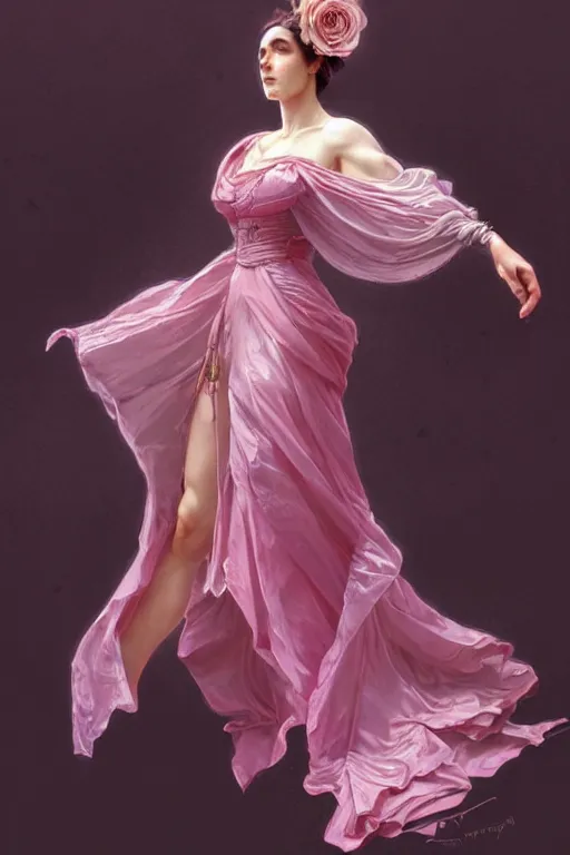 Image similar to woman dressed in a vaporous wrapped large victorian pink roses silk semi-transparent dress fashion is running, D&D, fantasy, intricate, elegant, highly detailed, digital painting, artstation, concept art, matte, sharp focus, illustration, art by Artgerm and Greg Rutkowski and Alphonse Mucha