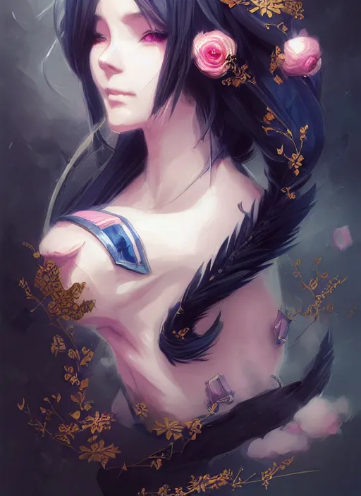 Image similar to cute small dragon, dark, black white, blue, pink and gold color scheme, flowers, cool, highly detailed, artgerm, cushart krenz, artstation, soft light, sharp focus, illustration, character design, concept art