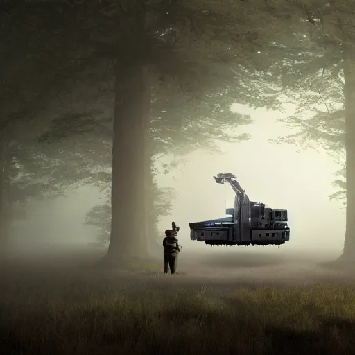 Prompt: A panoramic photograph of a giant robot working on a workstation in an uniform printing photos on a giant printer, around him 5 people are standing in a misty forest grove, large landscape, stars overhead, by Greg Rutkowski, 4k photorealistic, volumetric lighting, HD, high details, dramatic, trending on artstation